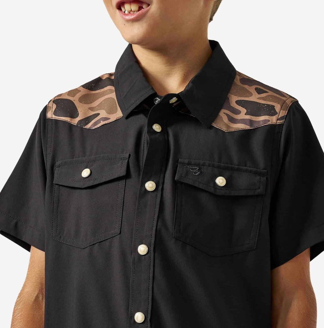 Deer SZN Black and Gauge Camo Burlebo Western Performance Shirt with Pearl Snaps Fl/ Tx