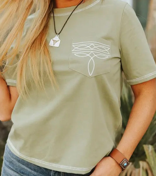 Boot stitch sage graphic pocket tee