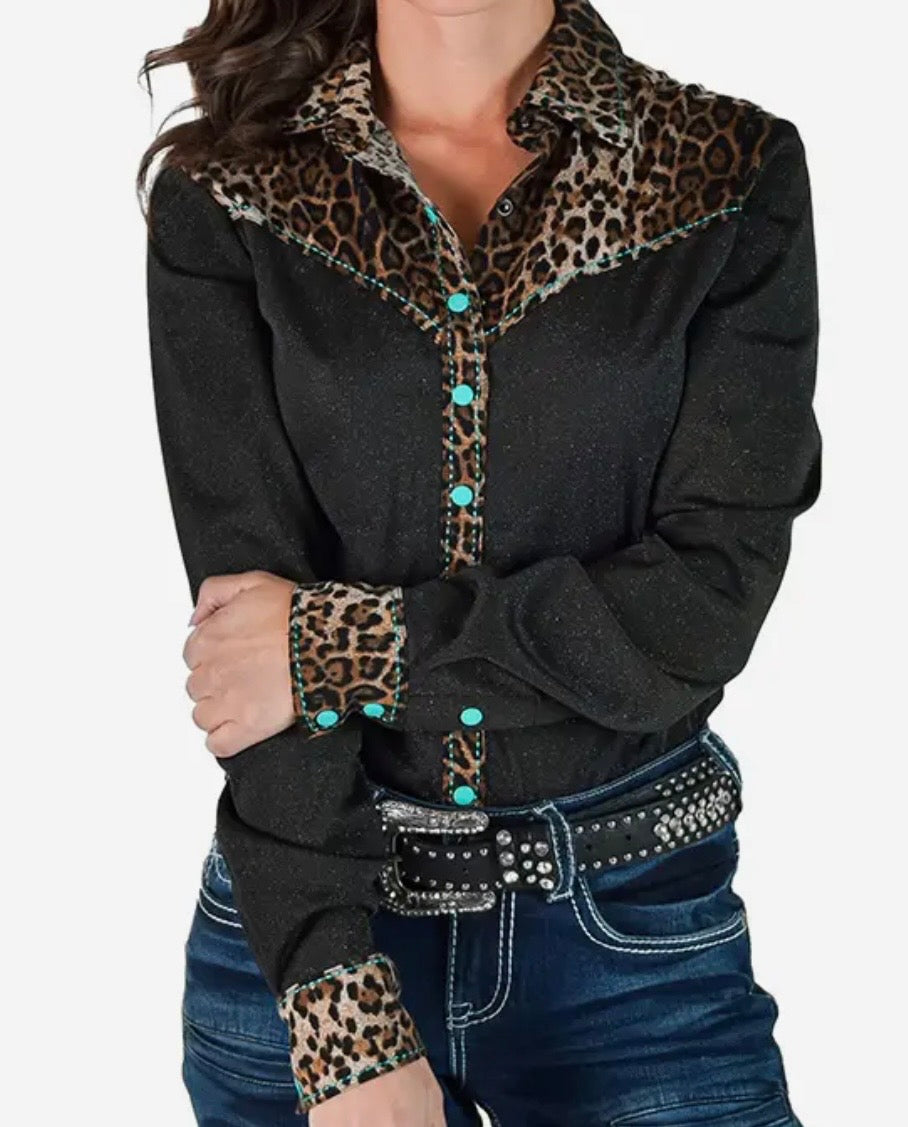 Cowgirl Tuff black shimmer pullover w leopard/turquoise stitch