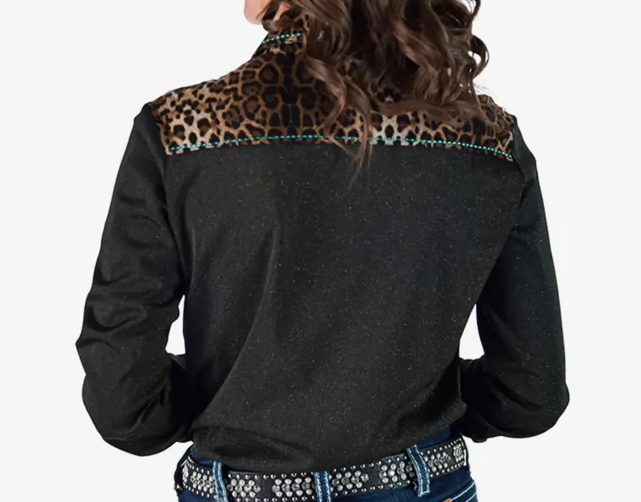 Cowgirl Tuff black shimmer pullover w leopard/turquoise stitch