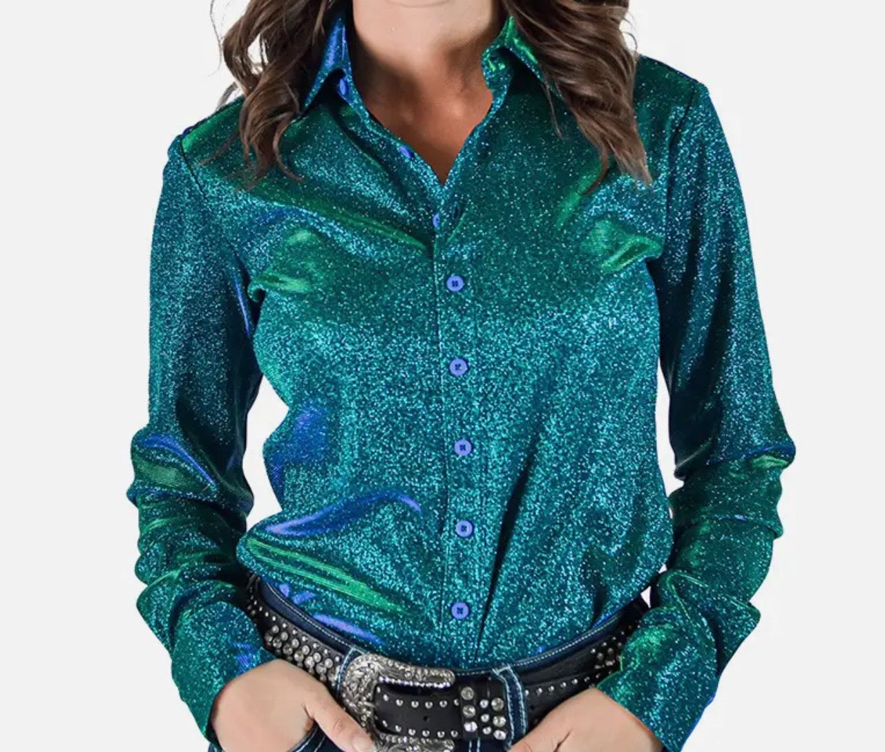 Cowgirl tuff turquoise iridescent shimmer pullover