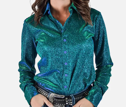 Cowgirl tuff turquoise iridescent shimmer pullover