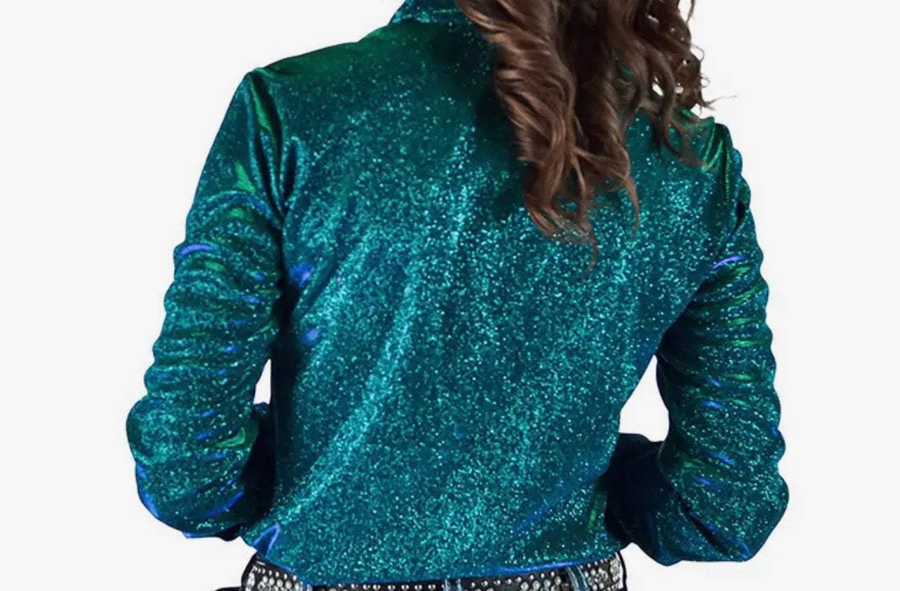 Cowgirl tuff turquoise iridescent shimmer pullover