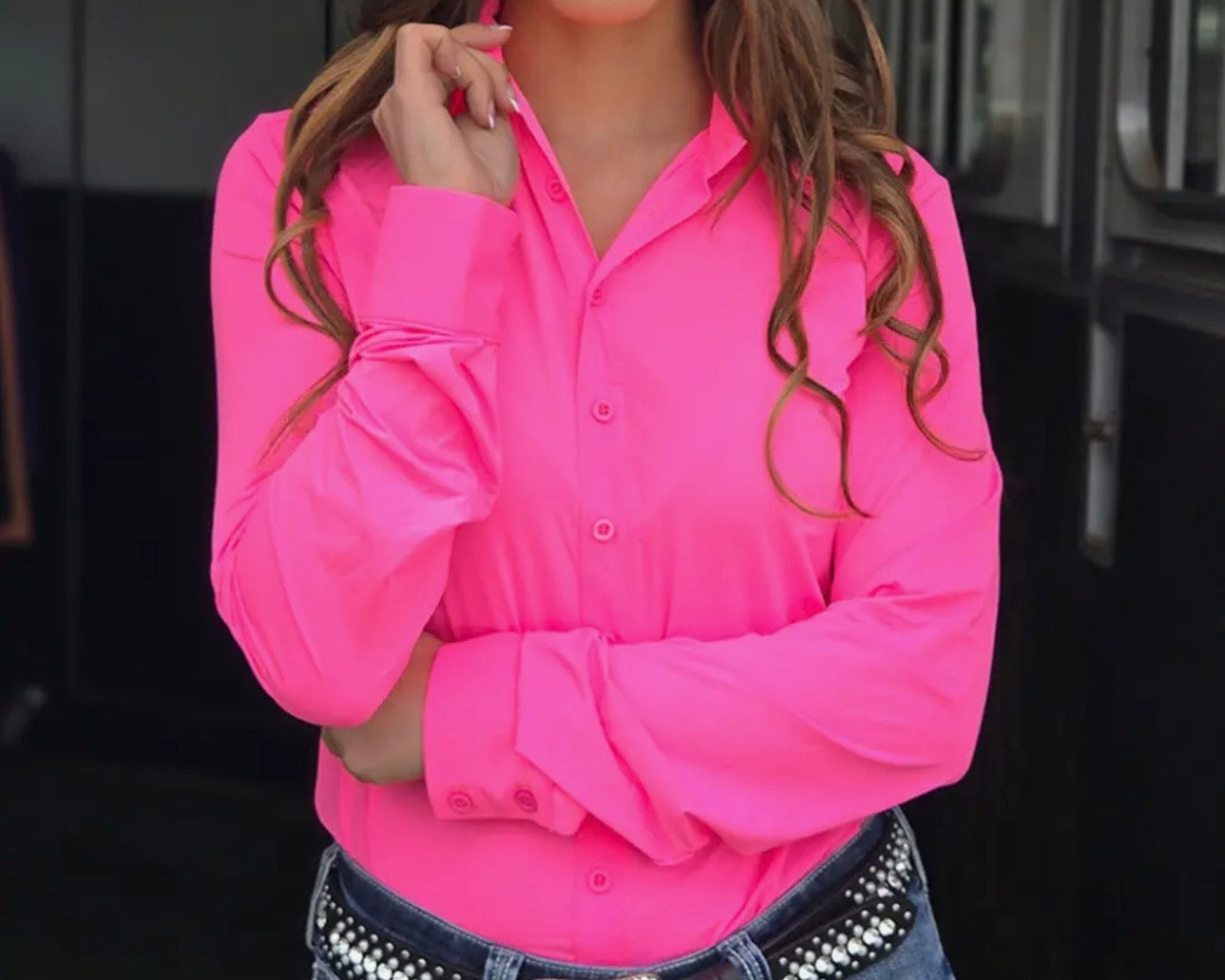 Cowgirl Tuff hot pink pullover button up