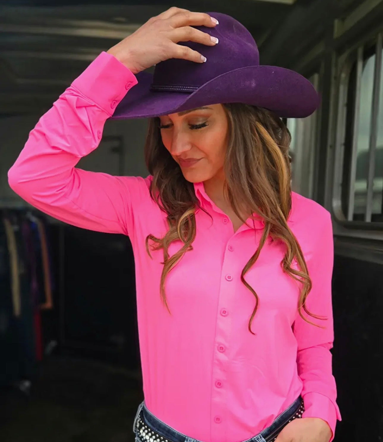 Cowgirl Tuff hot pink pullover button up