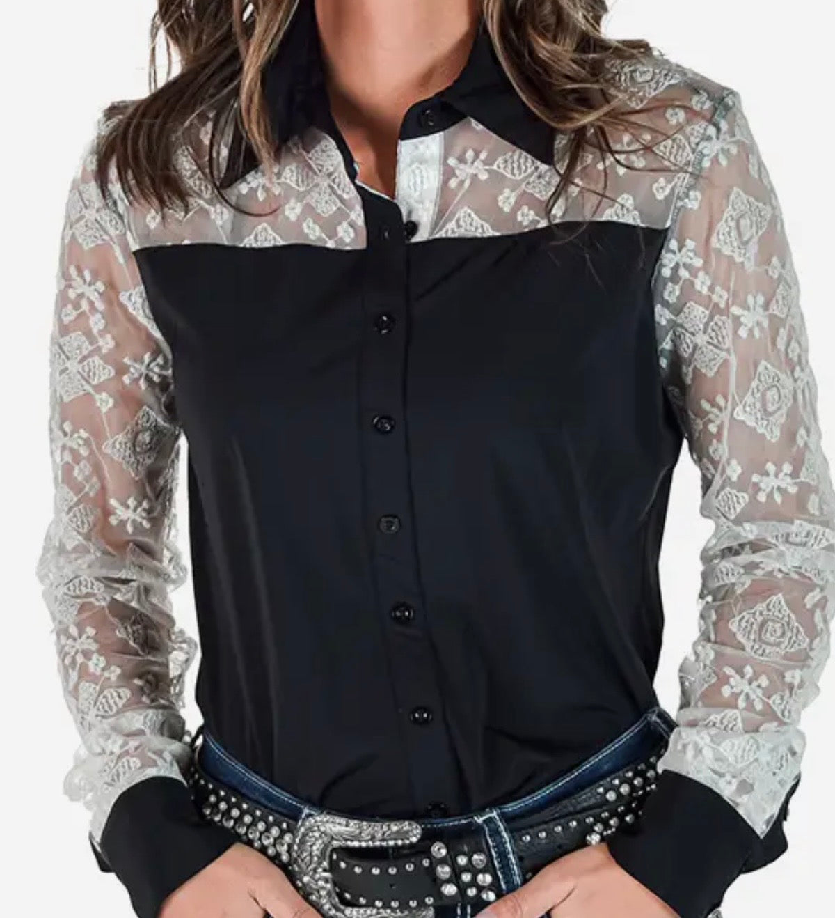Cowgirl Tuff cream lace black pullover