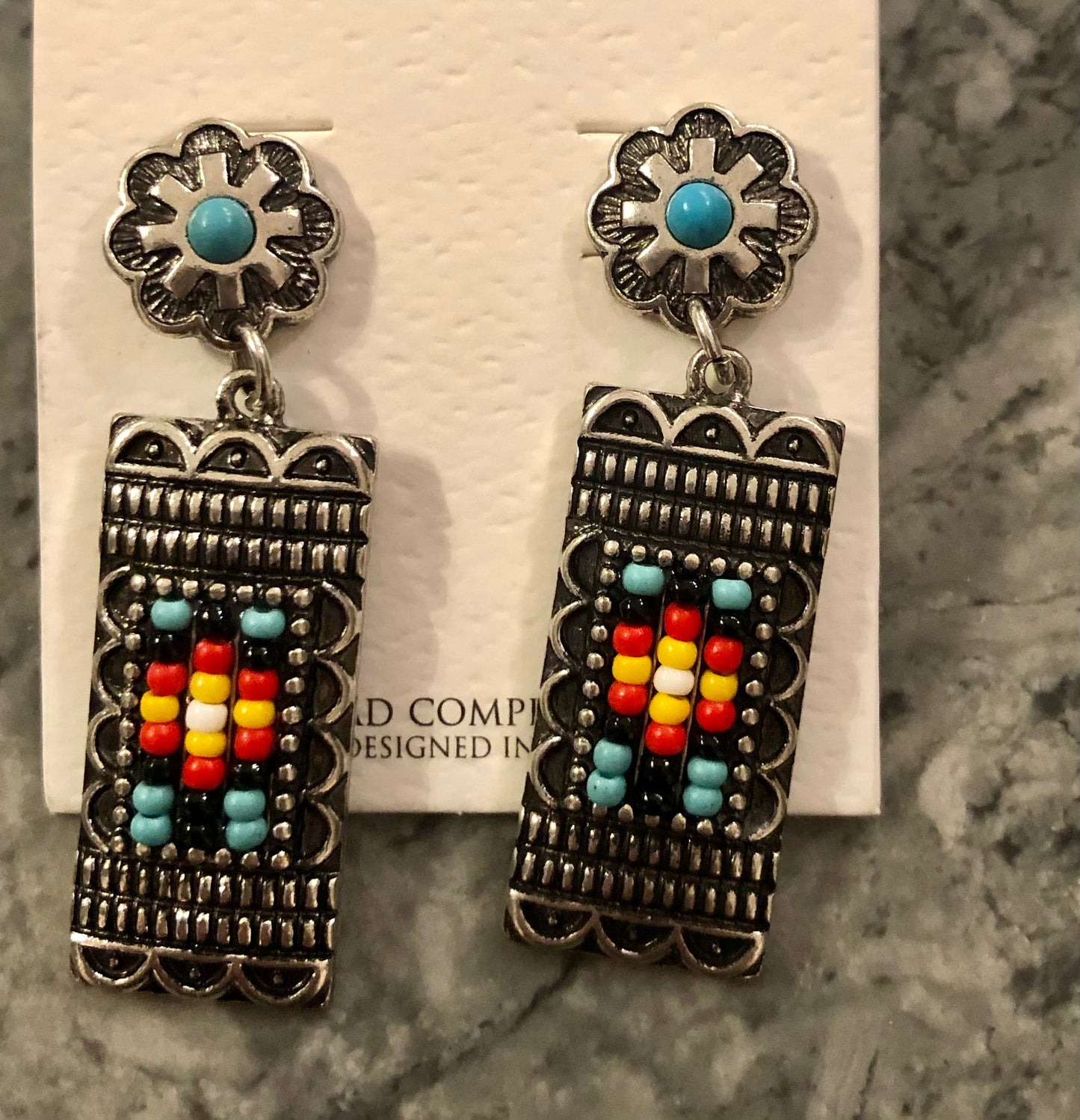 Silver and beaded western rectangle earrings