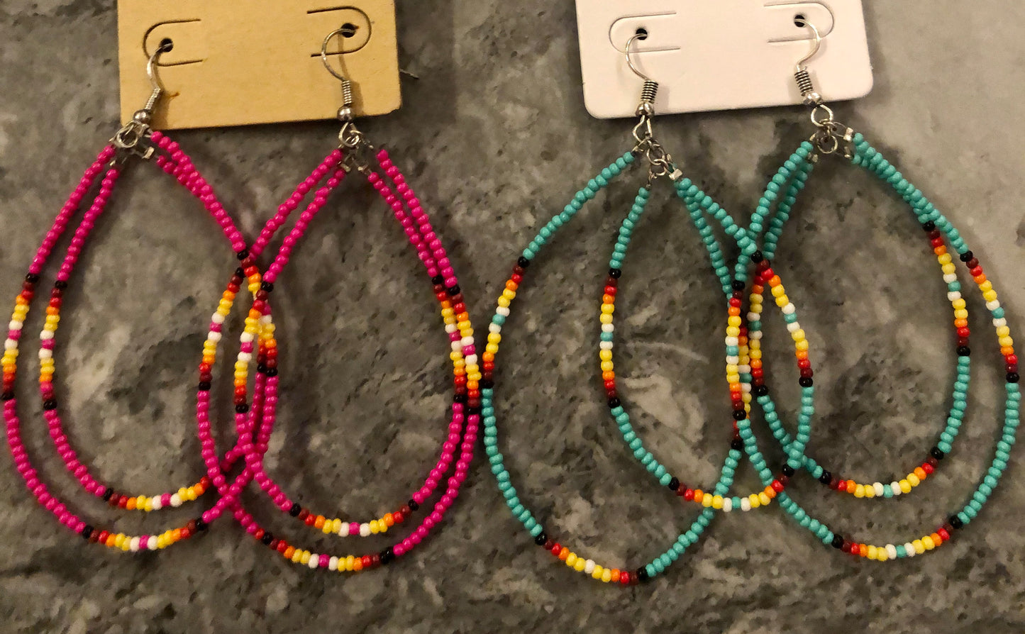 Pink or turquoise double hoop beaded earrings