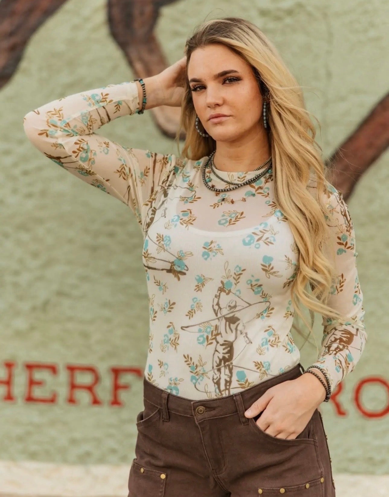 Roping cowboy sheer top