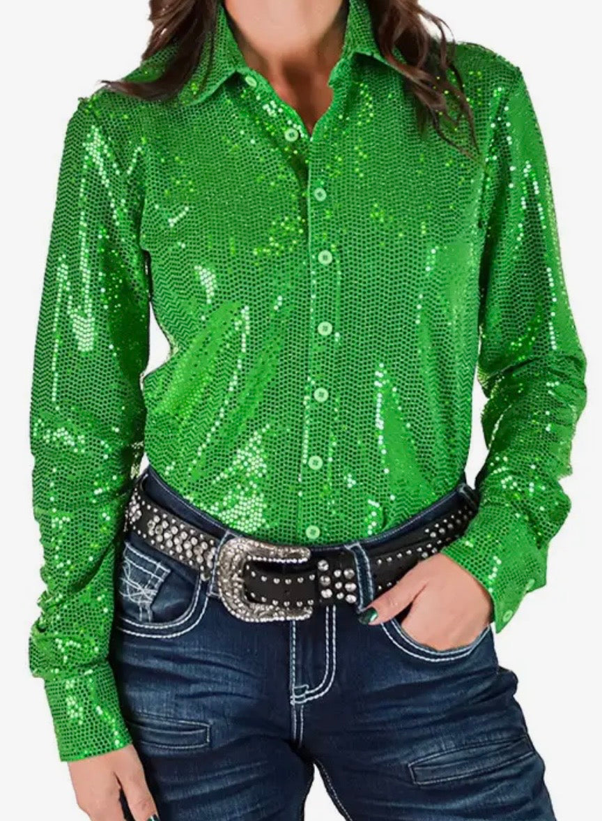 Cowgirl Tuff green sequin pullover