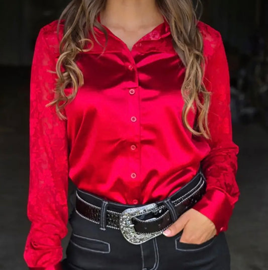 Cowgirl Tuff red, laced sleeve pullover