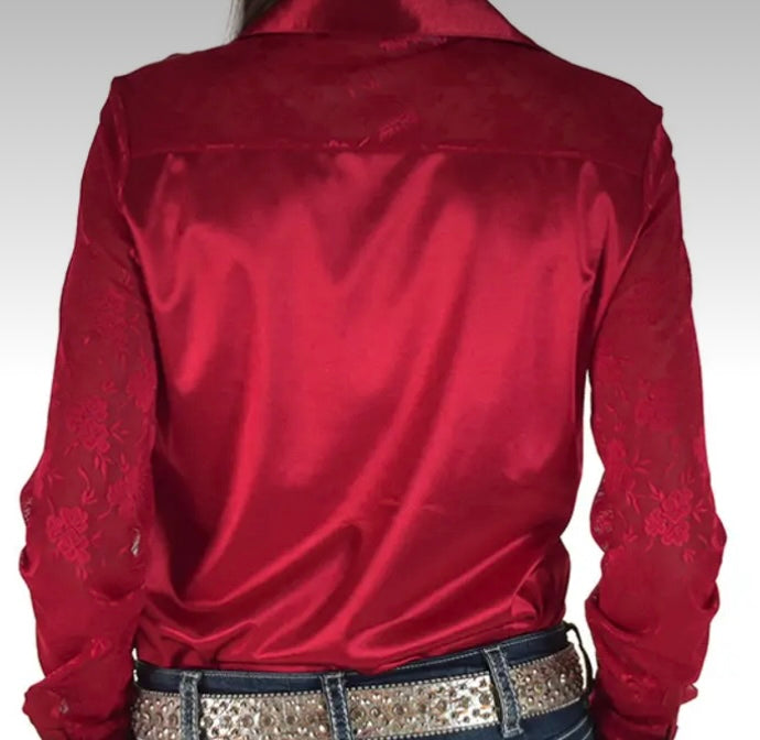Cowgirl Tuff red, laced sleeve pullover