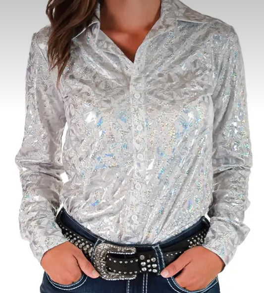 Cowgirl Tuff pullover white and silver