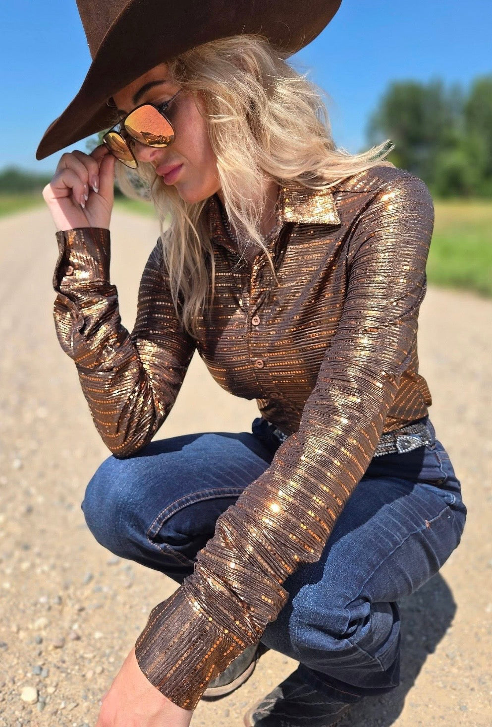 Cowgirl Tuff copper shimmer with copper sequins pullover