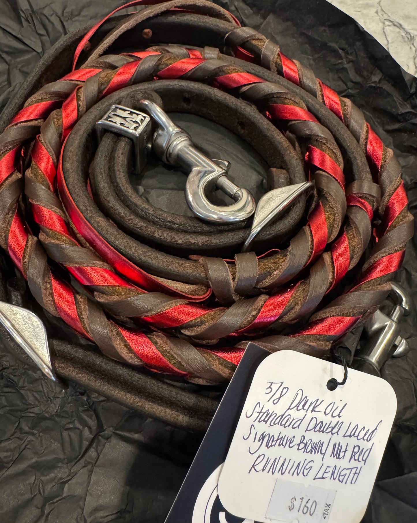 Cowboy couture 5/8 dk oil std double laced signature brown/metallic red running length