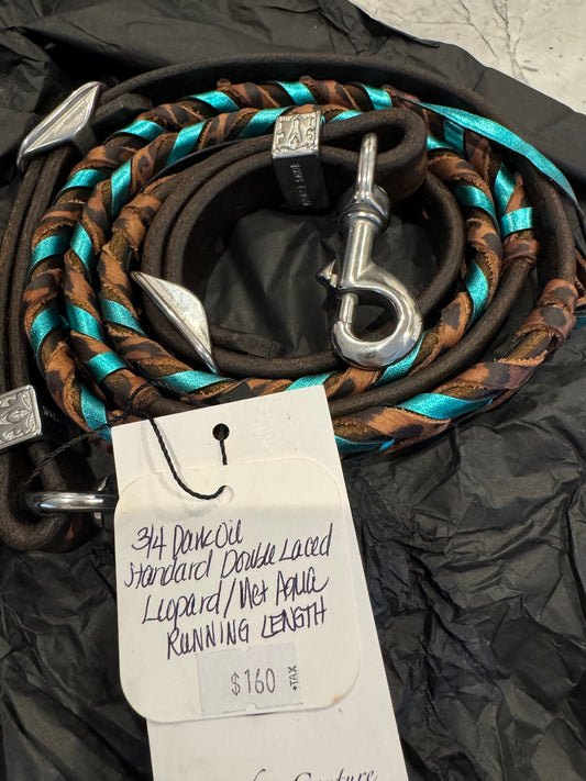 Cowboy couture 3/4 dk oil std double laced aqua/cheetah running length