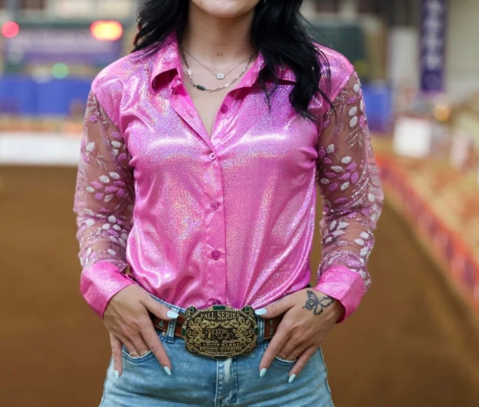 IF Branded Made Me Blush pink mesh sleeves shirt