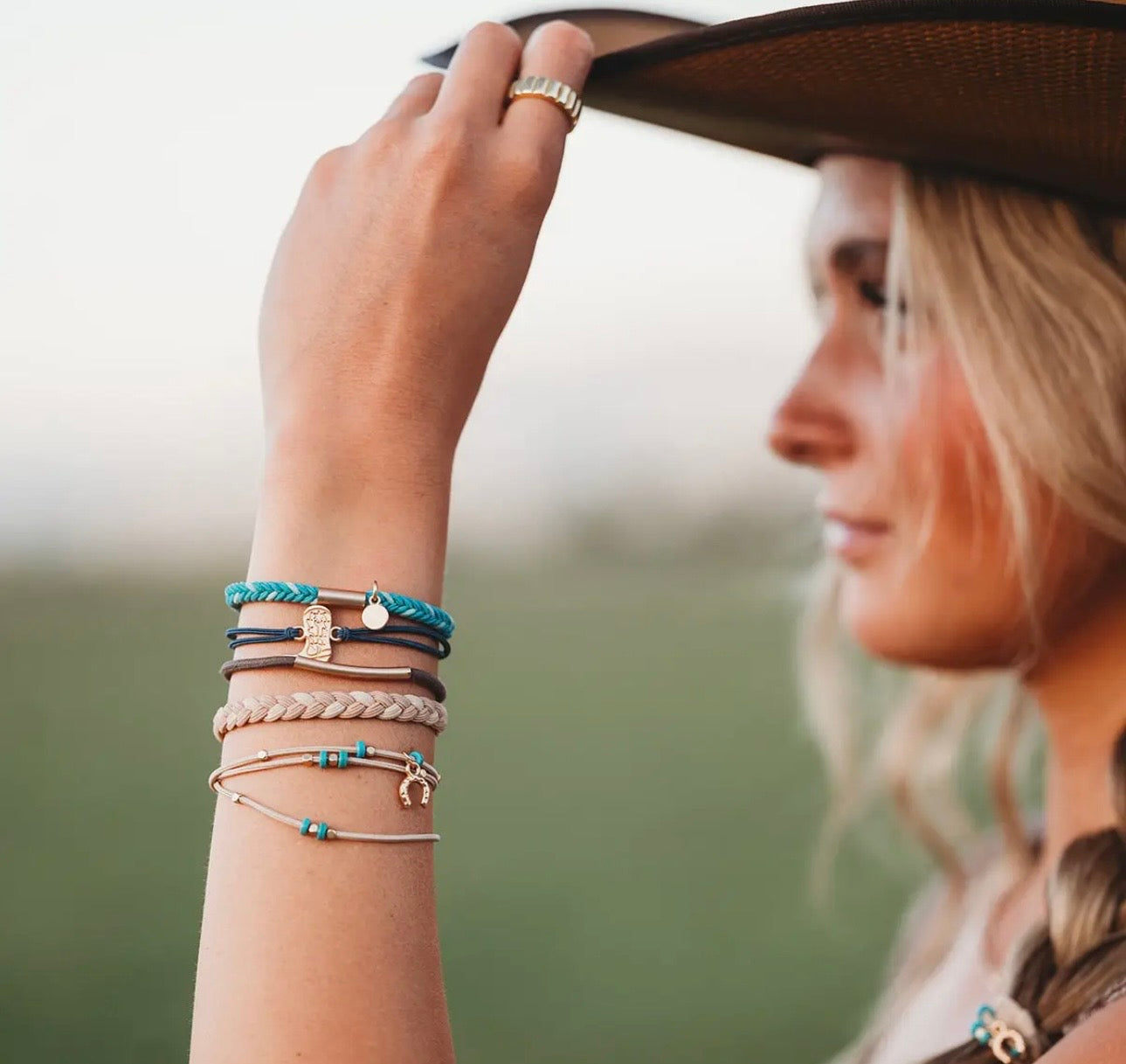 Stride turquoise and gold hair tie bracelets