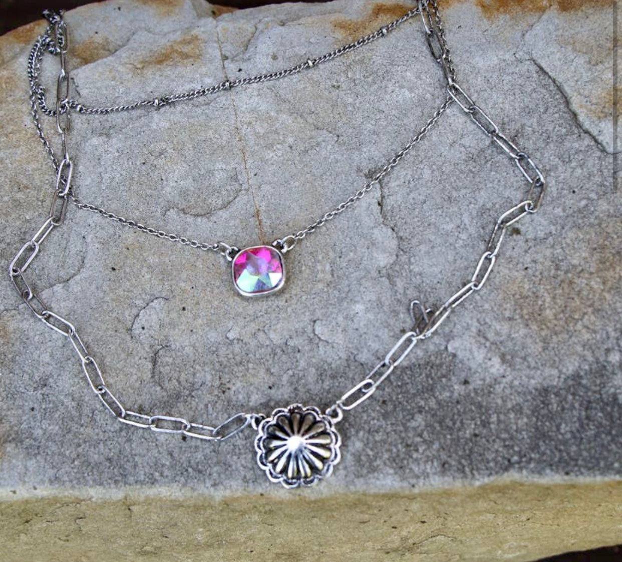 Concho and stone layer necklace