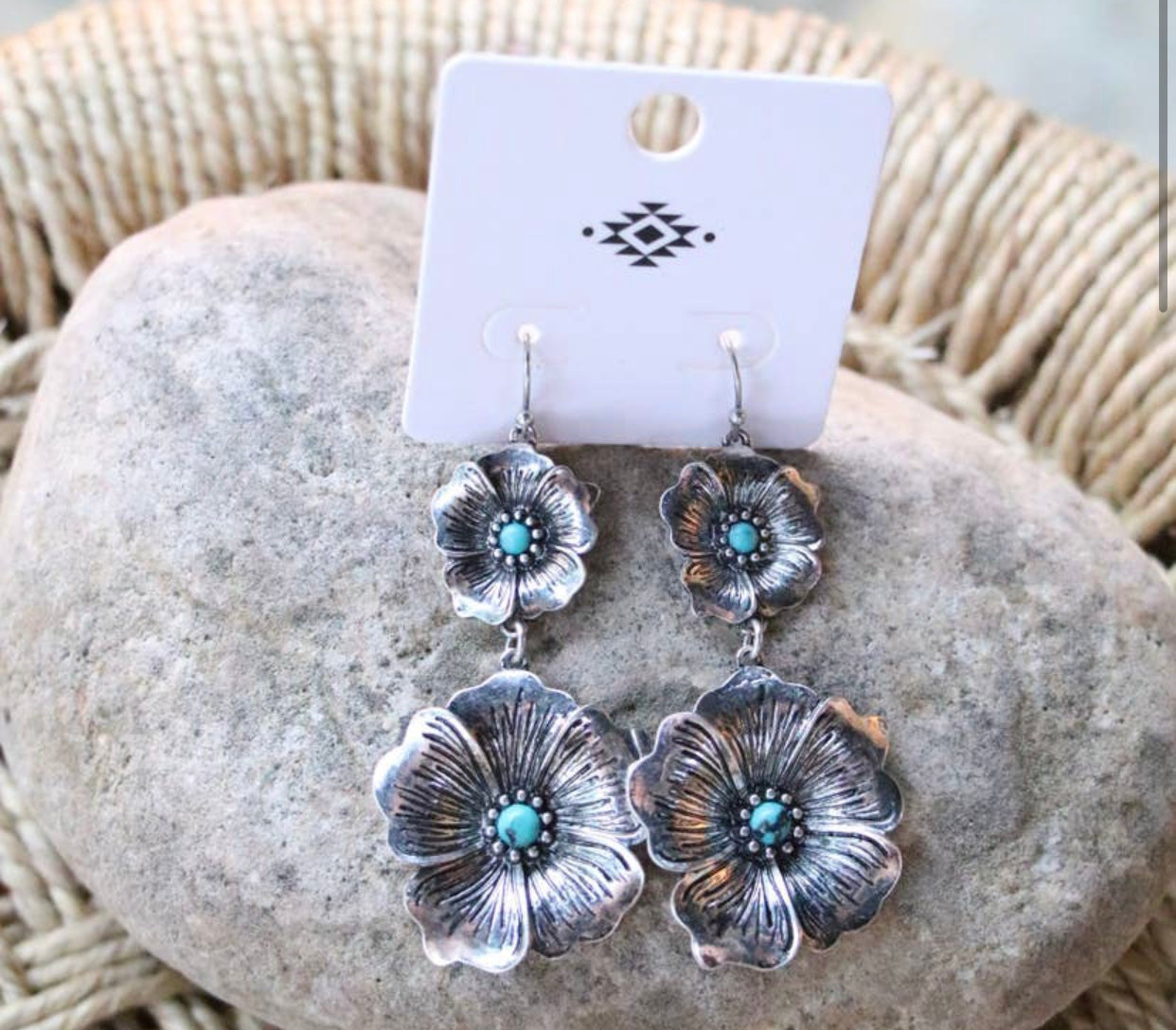 Turquoise flower silver drop earrings