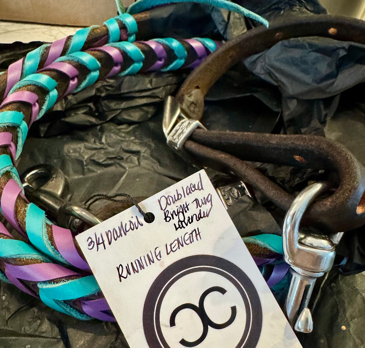 Cowboy Couture 3/4 dark oil double laced bright turquoise and lavender RUNNING length