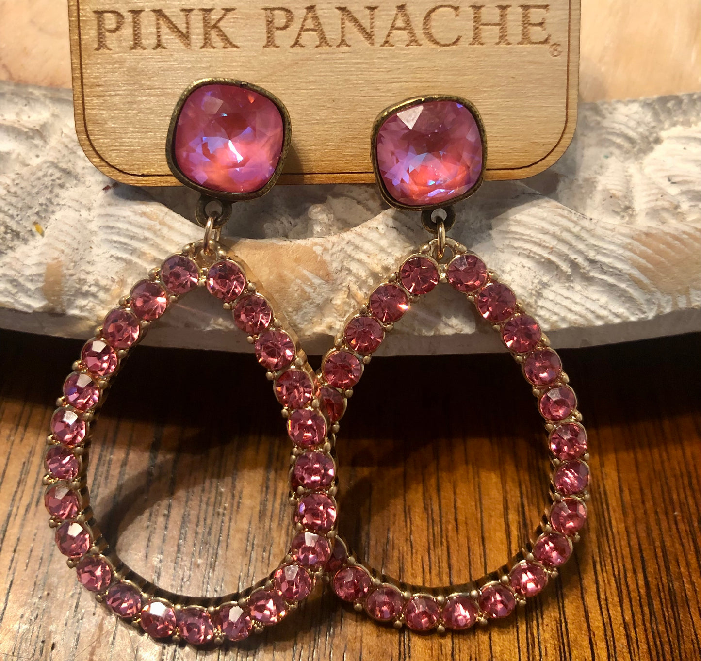 Bronze and pink cushion cut teardrop earrings