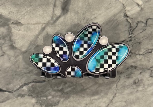 Turquoise, checker, pearl hair claw