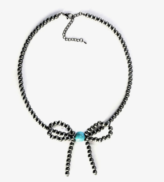 Western pearl ribbon necklace with turquoise center