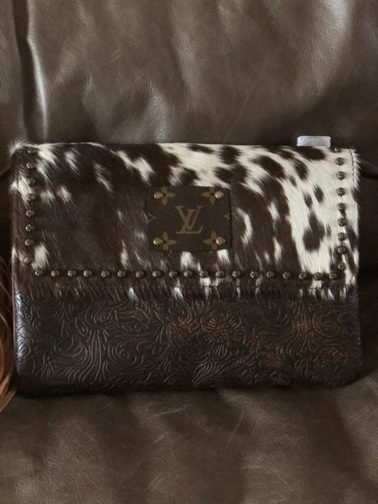 Upcycled Ohlay cowhide bag with LV patch