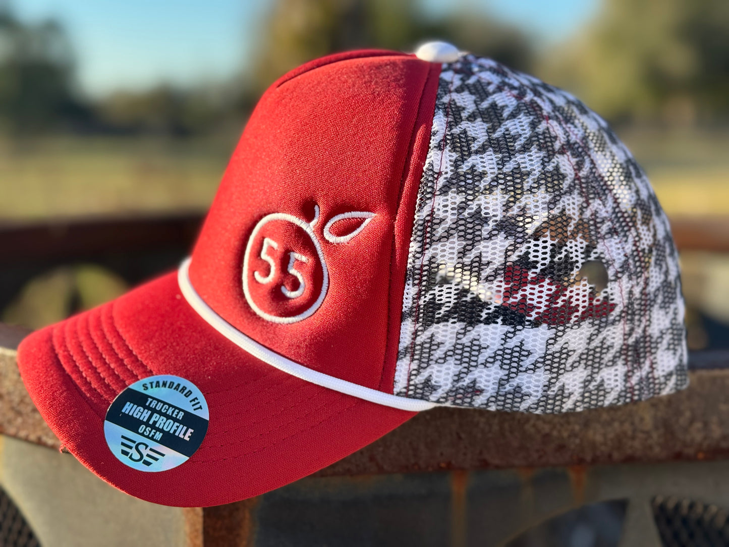55 Branded red houndstooth hat
