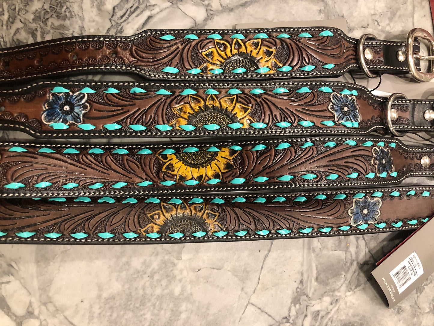 Myra sunflower and turquoise stitching dog collar