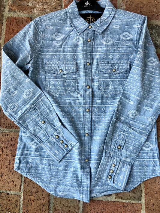 STS Ranchwear long sleeved chambray and Aztec top