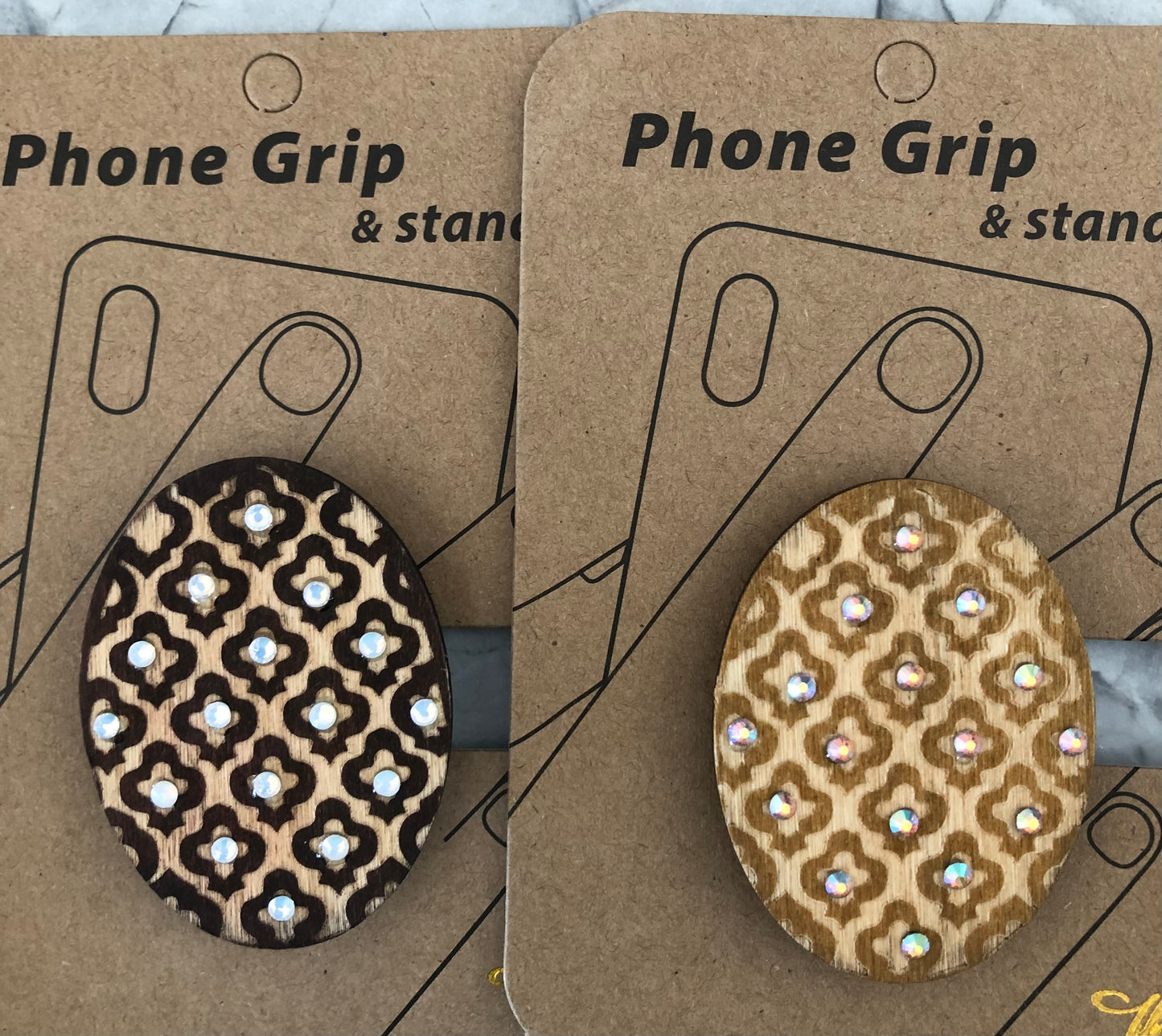 Wooden jeweled phone grips