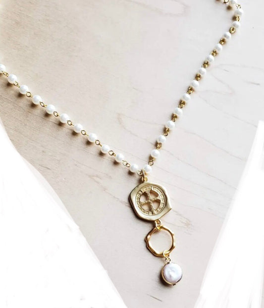 Pearl Necklace with matte gold medallion
