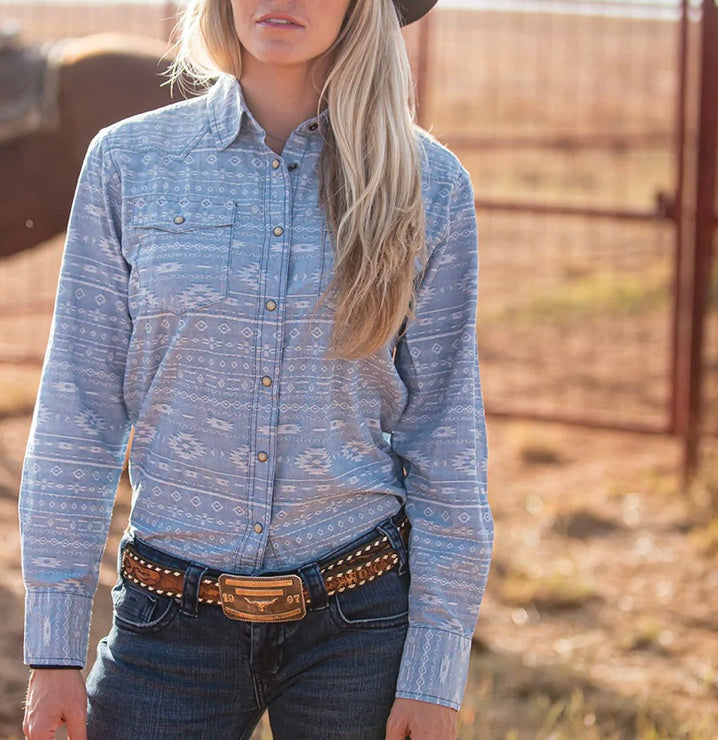 STS Ranchwear long sleeved chambray and Aztec top