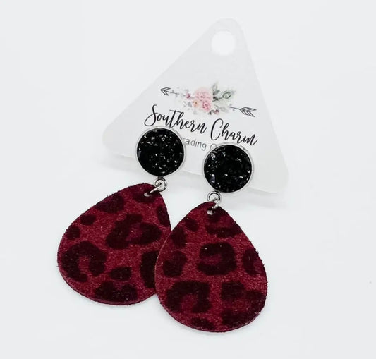 Burgundy leopard black shimmer earrings